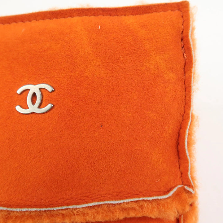CHANEL Logo Mouton Clutch Bag Cosmetic Pouch Makeup Bag Orange