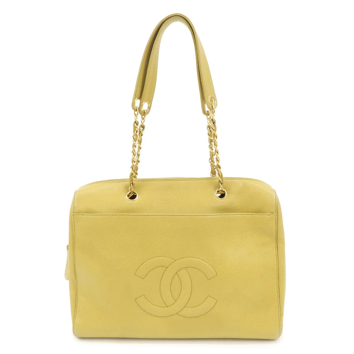 CHANEL Caviar Skin Coco Mark Chain Tote Bag Mustard Gold HDW Used