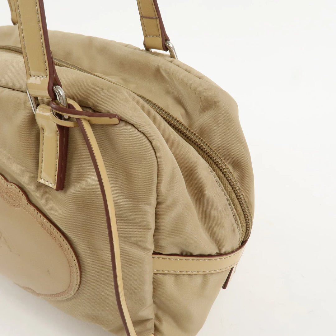 PRADA Logo Nylon Patent Leather Mini Boston Bag Beige BR3150