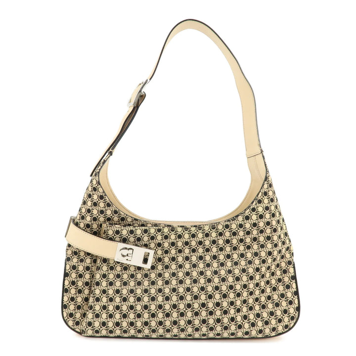 Ferragamo Gancini Canvas Leather Shoulder Bag Beige Black Used