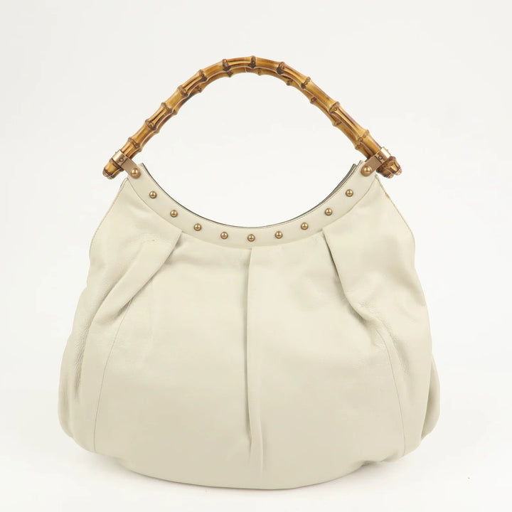 GUCCI Bamboo Leather Tucked Shoulder Bag Hand Bag Ivory 124293