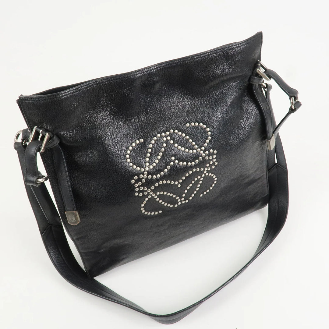 LOEWE Anagram Studs Logo Leather Shoulder Bag Crossbody Bag Black