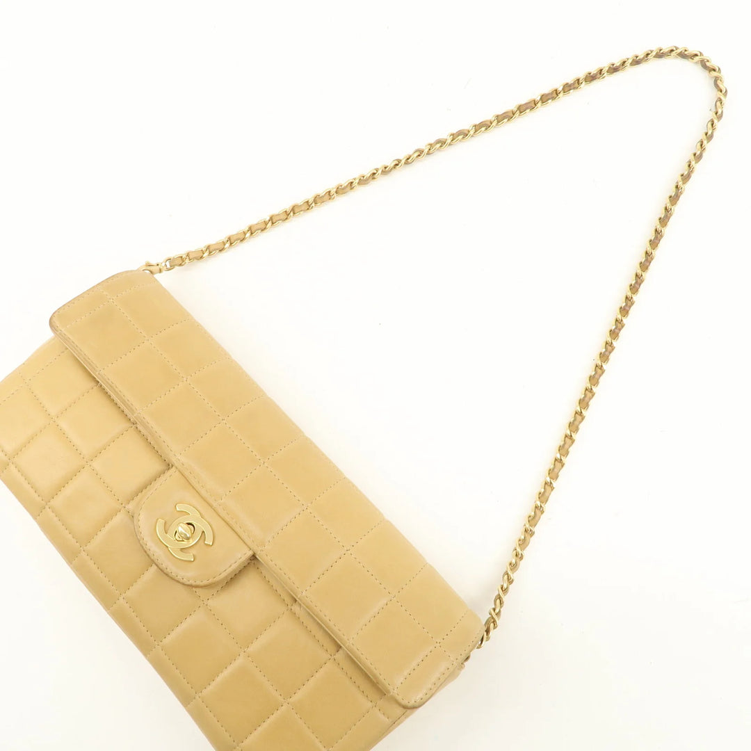 CHANEL Chocolate Bar Lamb Skin Chain Shoulder Bag Beige Gold Used