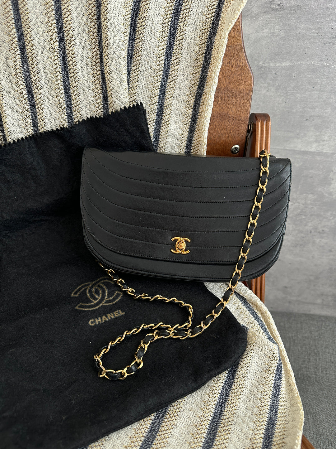 Chanel Vintage Black & Gold Half-Moon CF Flap Chain Bag