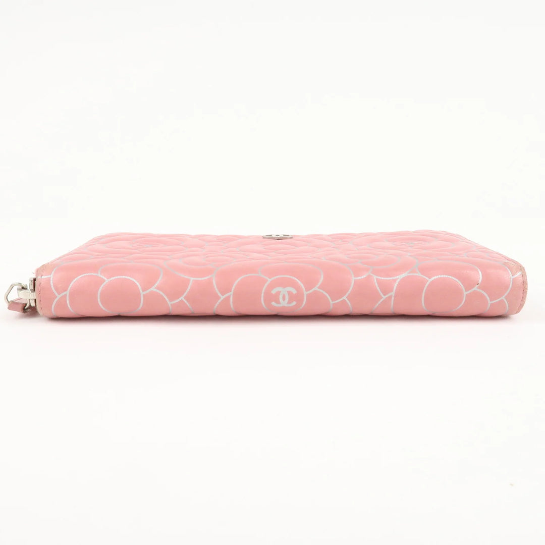 CHANEL Camellia Lamb Skin Long Zippy Wallet Pink A50085 Used