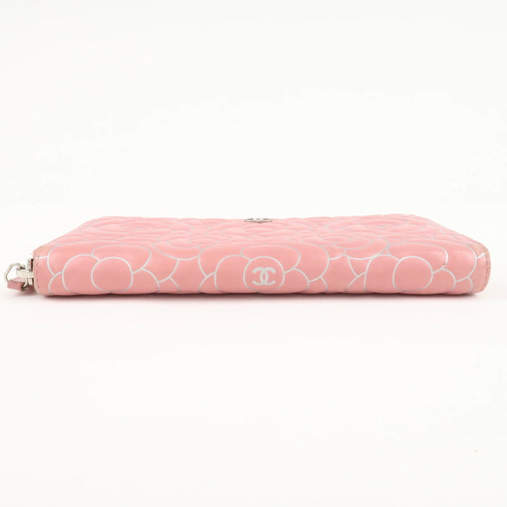 CHANEL Camellia Lamb Skin Long Zippy Wallet Pink A50085 Used