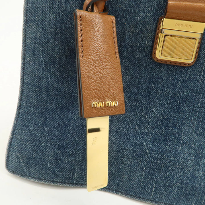 MIU MIU Madras Convertible Denim Leather 2Way Bag Hand Bag 5BA104