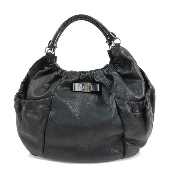 Ferragamo Leather Patent Leather Shoulder Bag Hand Bag Black