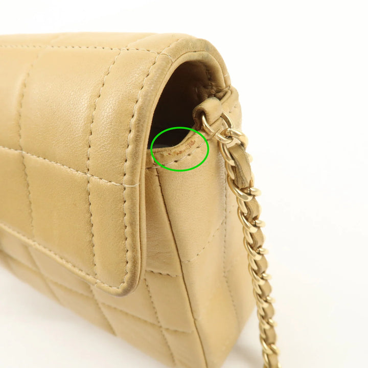 CHANEL Chocolate Bar Lamb Skin Chain Shoulder Bag Beige Gold Used