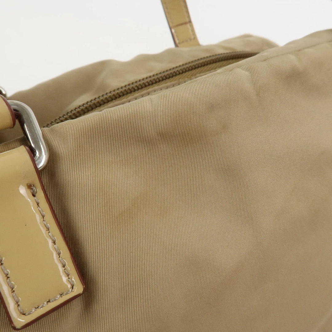 PRADA Logo Nylon Patent Leather Mini Boston Bag Beige BR3150