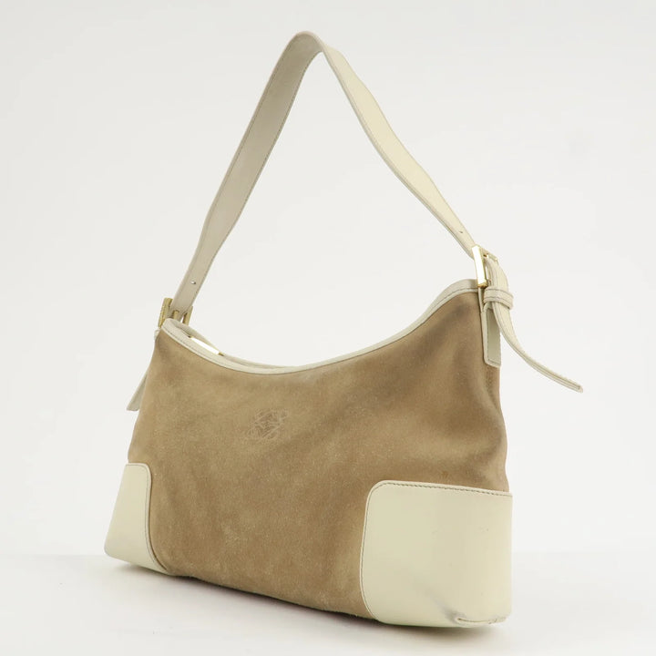 LOEWE Anagram Leather Suede Shoulder Bag Hand Bag Beige Ivory