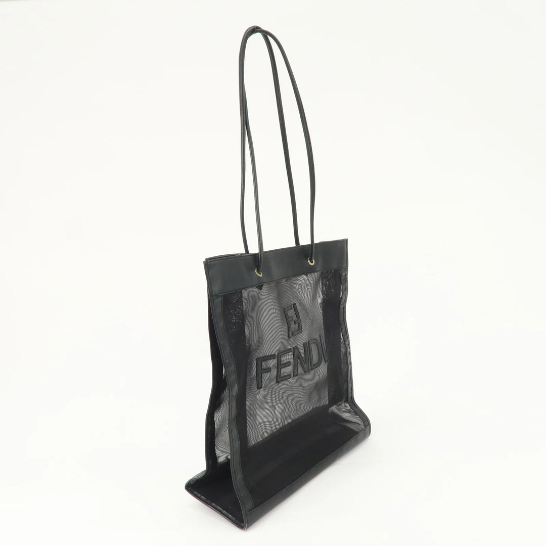 FENDI Mesh Leather Tote Bag Shoulder Bag Black Gold Hardware 259647
