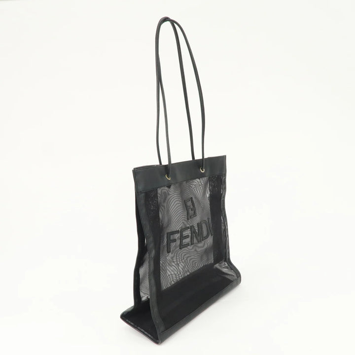FENDI Mesh Leather Tote Bag Shoulder Bag Black Gold Hardware 259647