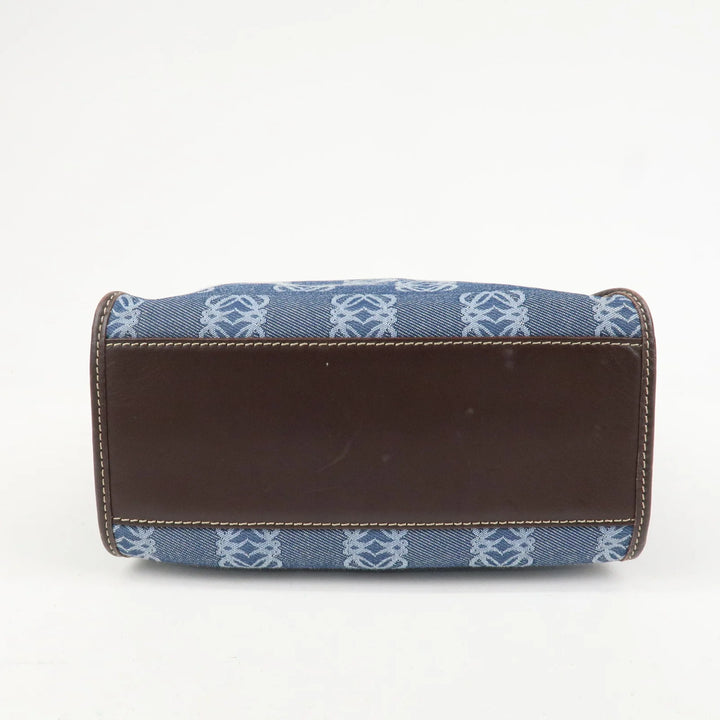 LOEWE Repeat Anagram Canvas Leather Tote Bag Hand Bag Blue Brown
