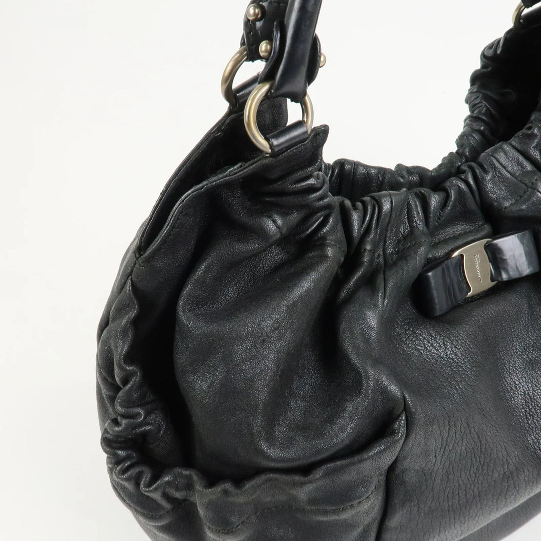 Ferragamo Leather Patent Leather Shoulder Bag Hand Bag Black