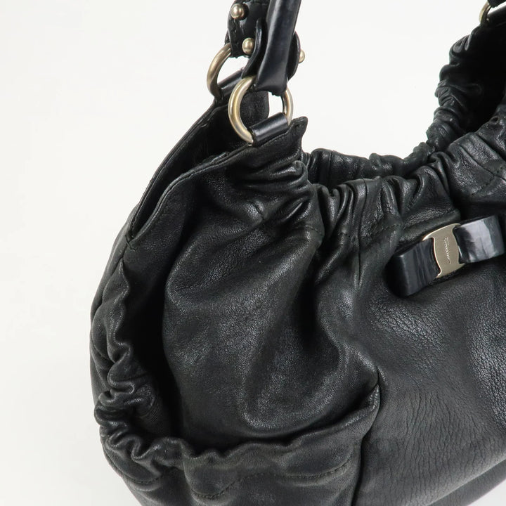 Ferragamo Leather Patent Leather Shoulder Bag Hand Bag Black