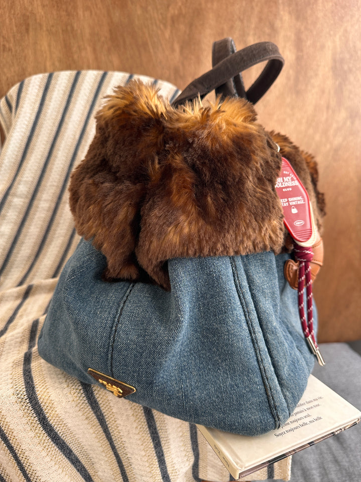 PRADA Fur Trim Denim Tote Bag 🐰｜Soft Fur Trim × Denim Body × Laptop-Friendly Carry