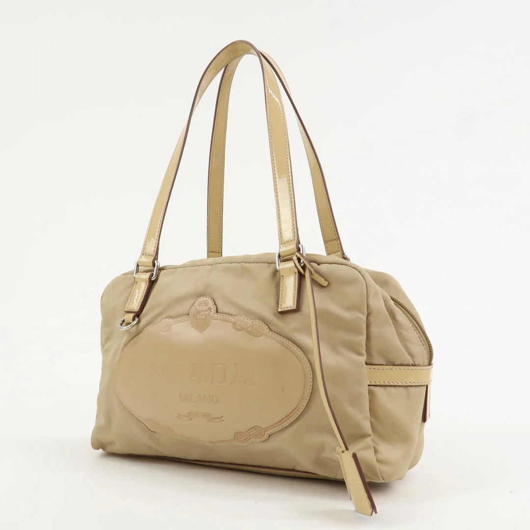 PRADA Logo Nylon Patent Leather Mini Boston Bag Beige BR3150