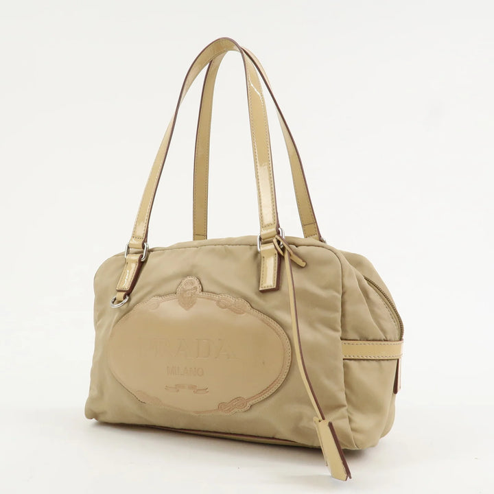 PRADA Logo Nylon Patent Leather Mini Boston Bag Beige BR3150