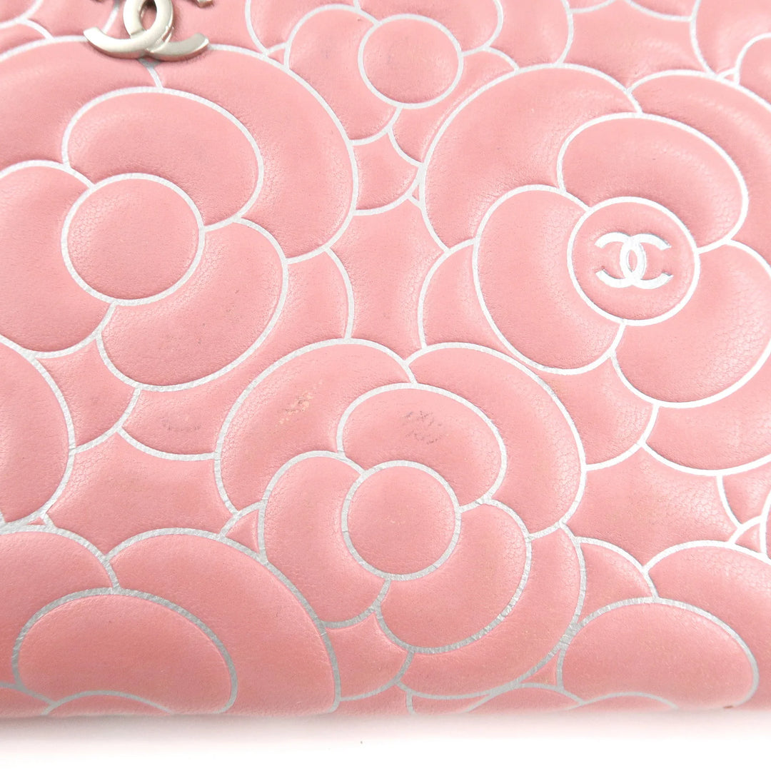 CHANEL Camellia Lamb Skin Long Zippy Wallet Pink A50085 Used