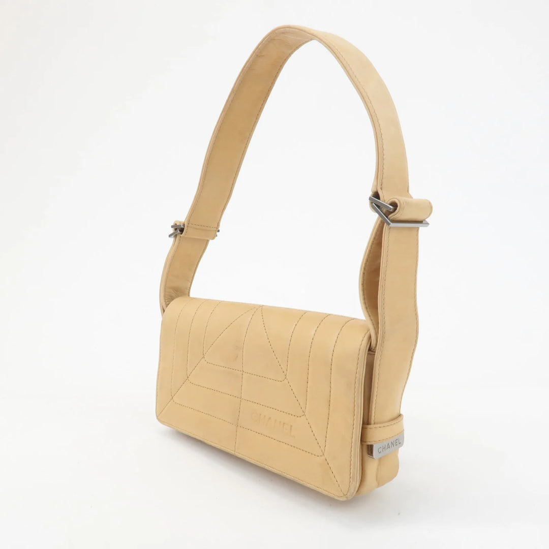 CHANEL Lamb Skin Shoulder Bag Silver Hardware Beige Used