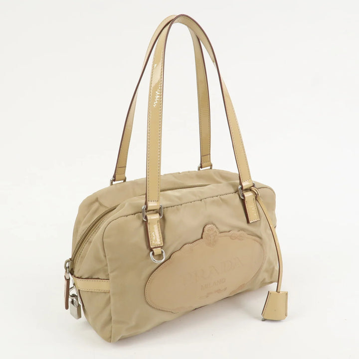PRADA Logo Nylon Patent Leather Mini Boston Bag Beige BR3150