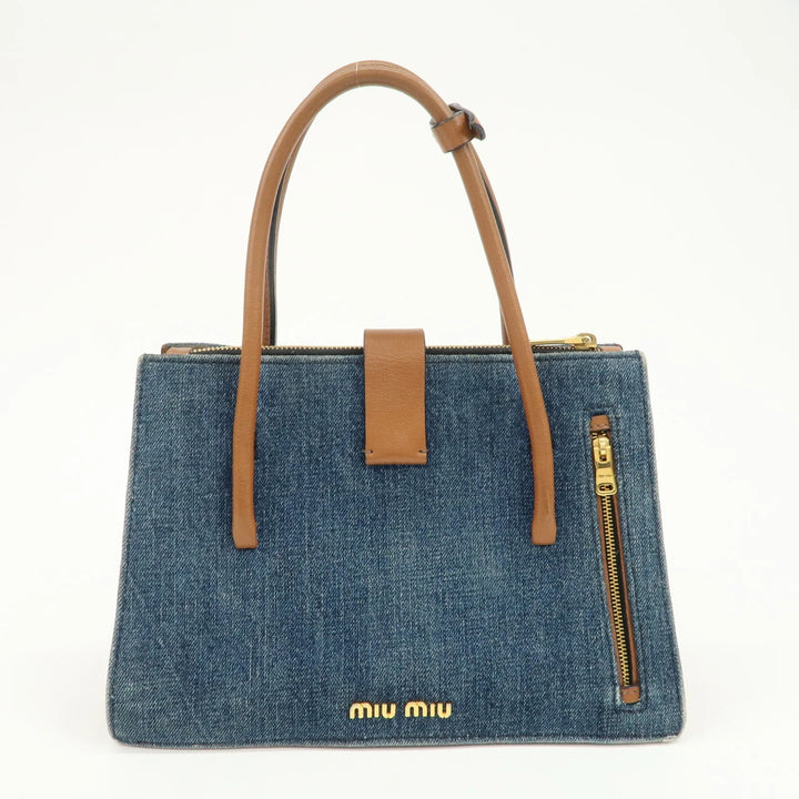 MIU MIU Madras Convertible Denim Leather 2Way Bag Hand Bag 5BA104