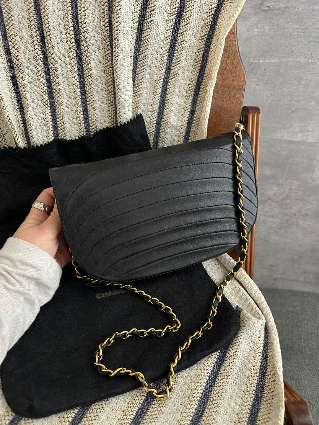 Chanel Vintage Black & Gold Half-Moon CF Flap Chain Bag