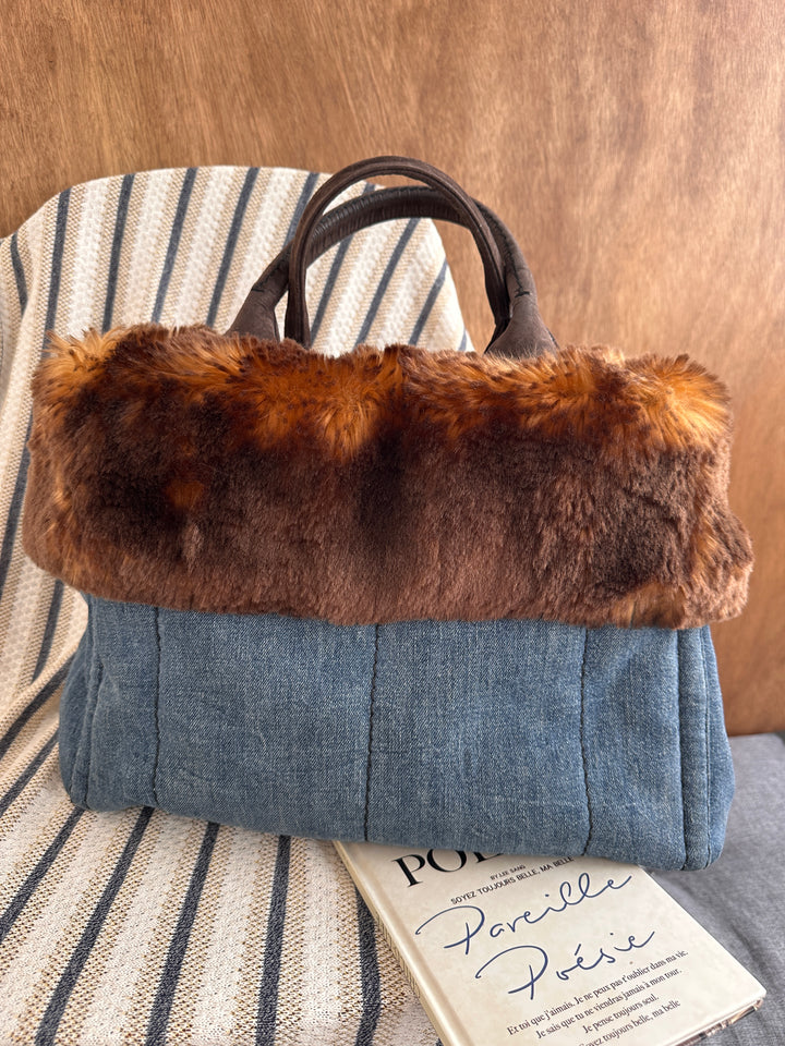 PRADA Fur Trim Denim Tote Bag 🐰｜Soft Fur Trim × Denim Body × Laptop-Friendly Carry