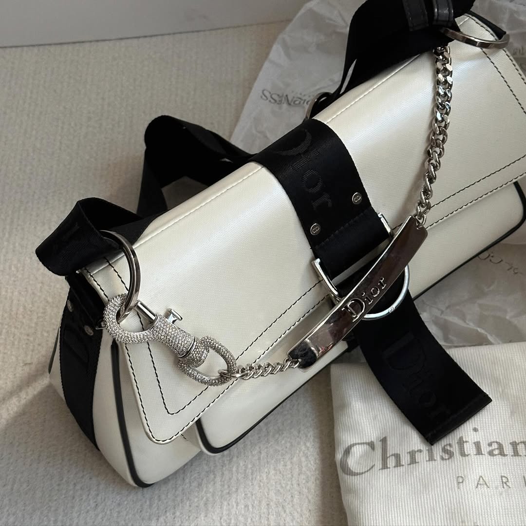 DIOR Punk Shoulder Bag with Rhinestone Buckle（Black & White）｜Y2K Glam × Collectible Icon 🖤✨