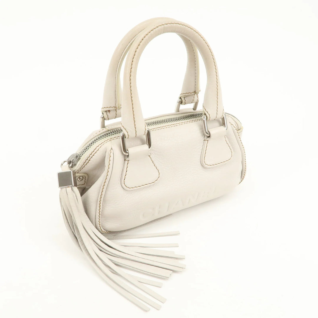CHANEL Leather Mini Boston Bag Hand Bag Tassel Ivory A23050