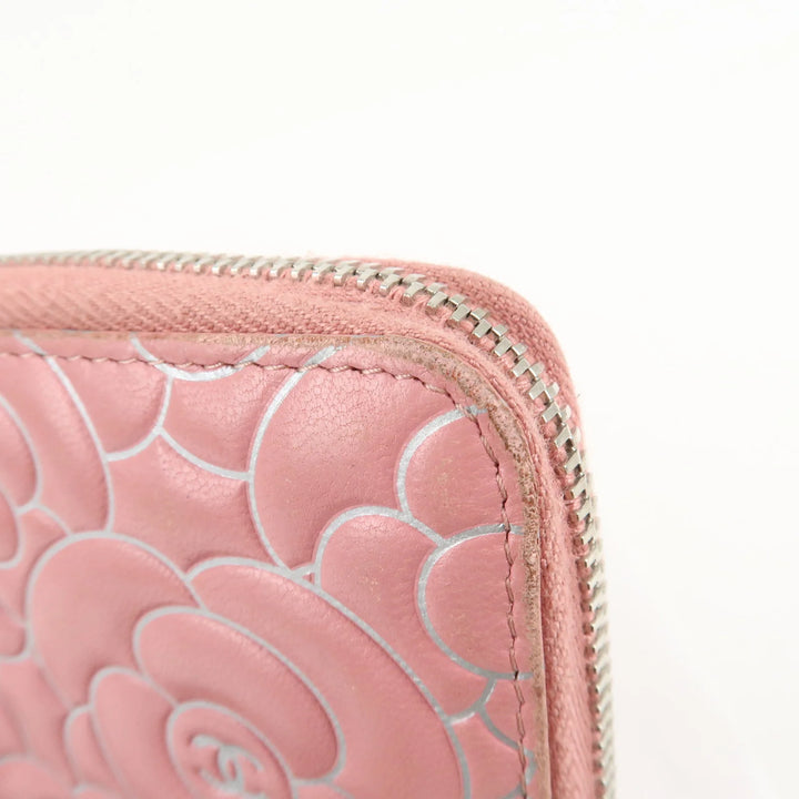 CHANEL Camellia Lamb Skin Long Zippy Wallet Pink A50085 Used