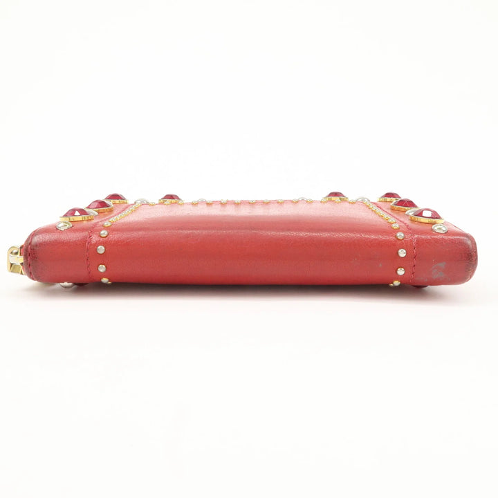 MIU MIU Leather Round Zipper Long Wallet Bijou Studs Red Used