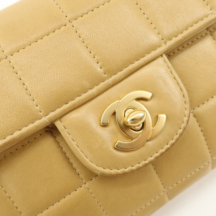 CHANEL Chocolate Bar Lamb Skin Chain Shoulder Bag Beige Gold Used