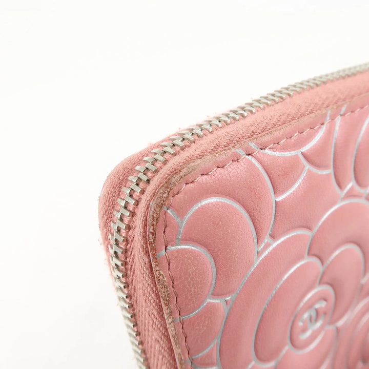 CHANEL Camellia Lamb Skin Long Zippy Wallet Pink A50085 Used