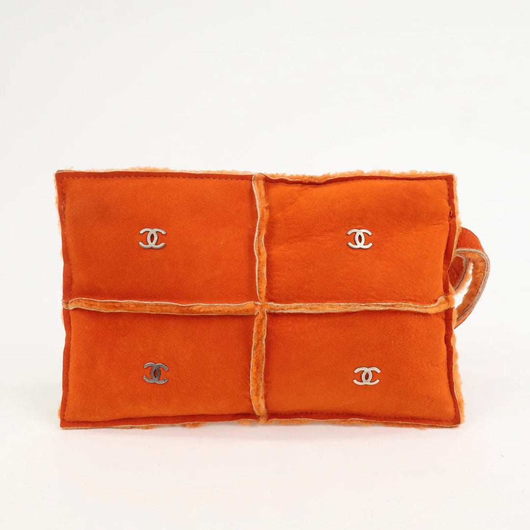 CHANEL Logo Mouton Clutch Bag Cosmetic Pouch Makeup Bag Orange