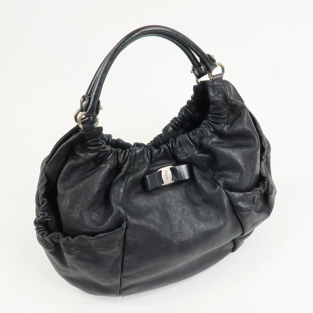 Ferragamo Leather Patent Leather Shoulder Bag Hand Bag Black