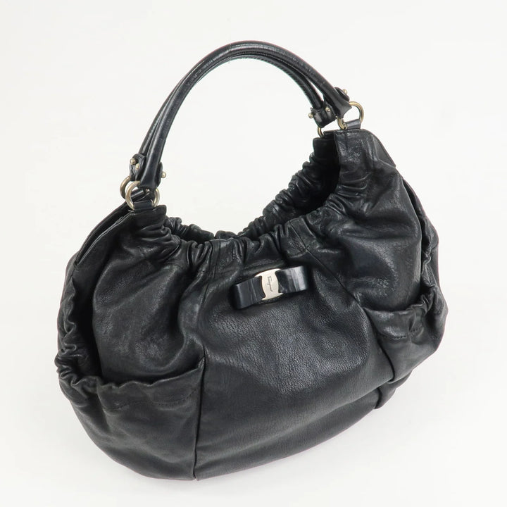 Ferragamo Leather Patent Leather Shoulder Bag Hand Bag Black