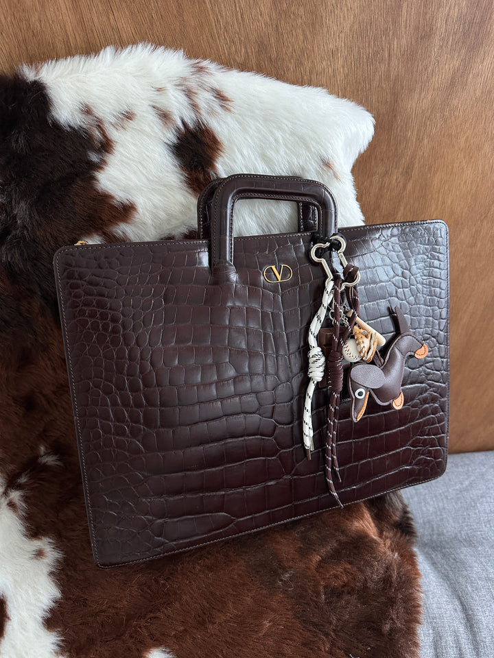 Valentino Croc-Embossed Briefcase Bag 🤎｜Rich Chocolate Tone・Spacious Work Bag・Vintage Luxury