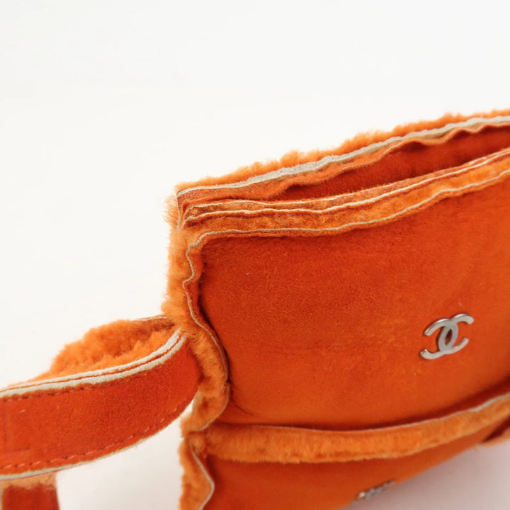 CHANEL Logo Mouton Clutch Bag Cosmetic Pouch Makeup Bag Orange