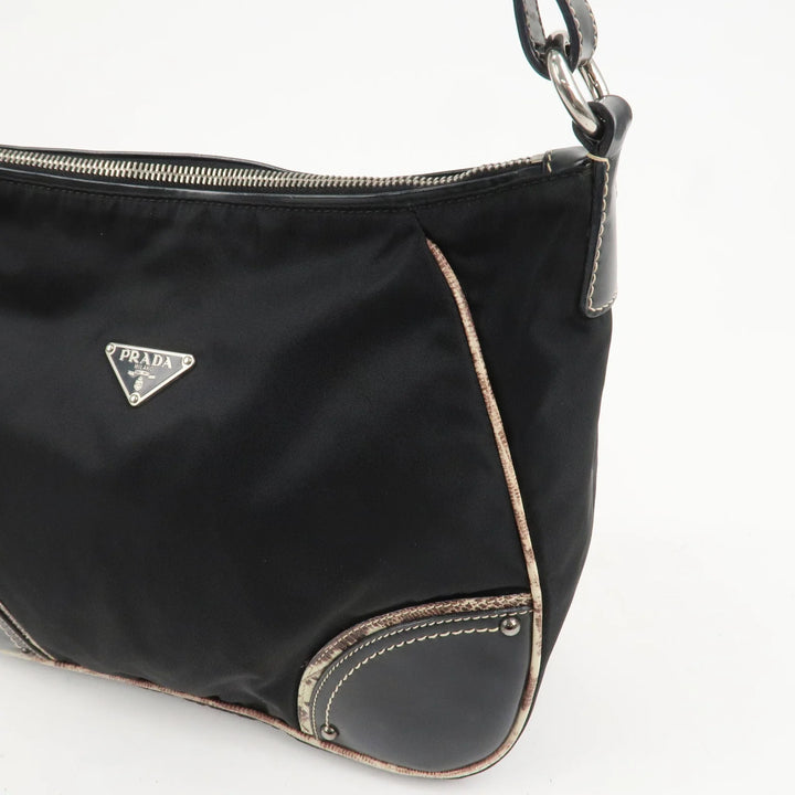 PRADA Triangle Logo Nylon Leather Shoulder Bag Black BR2840