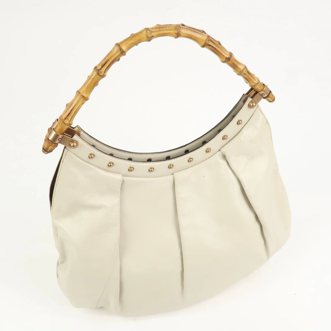 GUCCI Bamboo Leather Tucked Shoulder Bag Hand Bag Ivory 124293