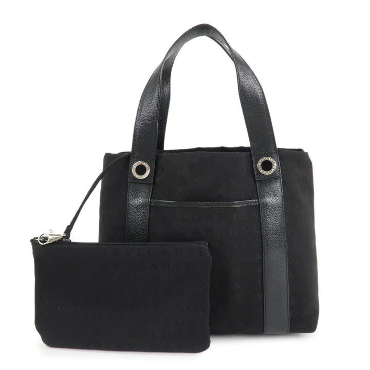 BVLGARI Logo Mania Canvas Leather Hand Bag Tote Bag Black Used