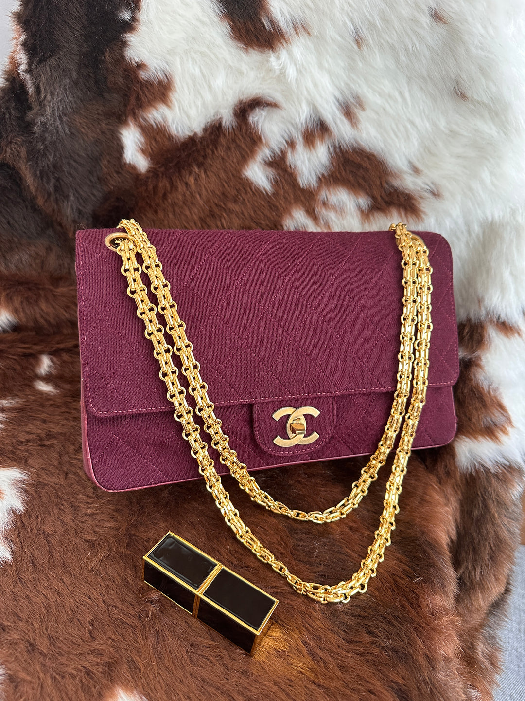 Chanel Vintage Double Flap Bag 23cm ✨🖤｜Rare Hybrid Design・Burgundy Fabric・Iconic Chain Strap