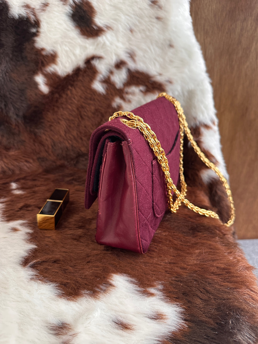 Chanel Vintage Double Flap Bag 23cm ✨🖤｜Rare Hybrid Design・Burgundy Fabric・Iconic Chain Strap