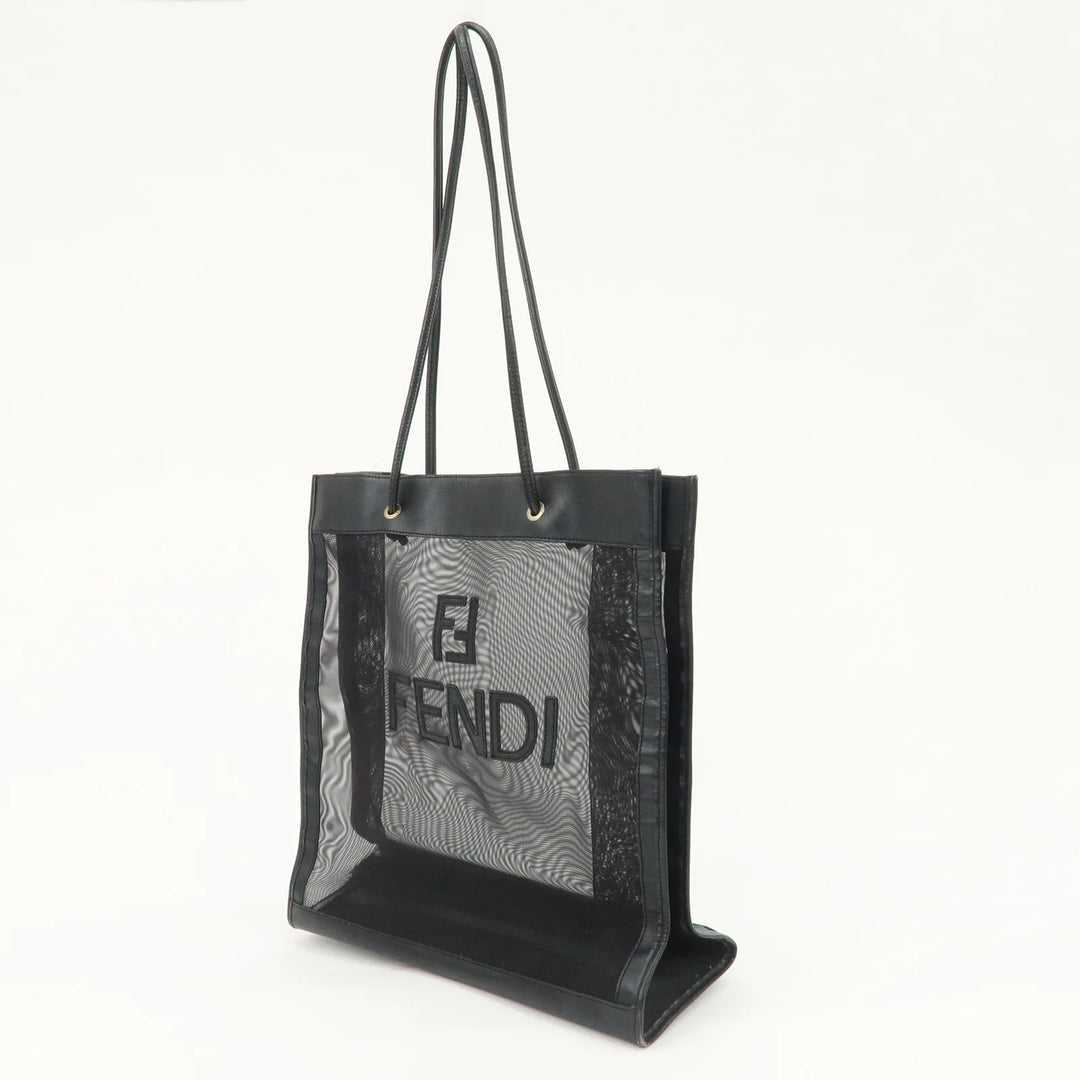 FENDI Mesh Leather Tote Bag Shoulder Bag Black Gold Hardware 259647
