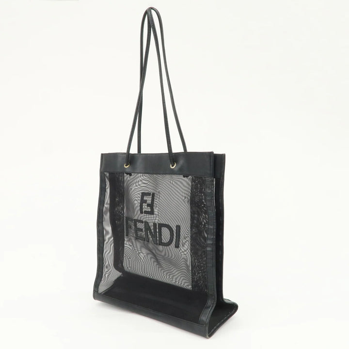 FENDI Mesh Leather Tote Bag Shoulder Bag Black Gold Hardware 259647