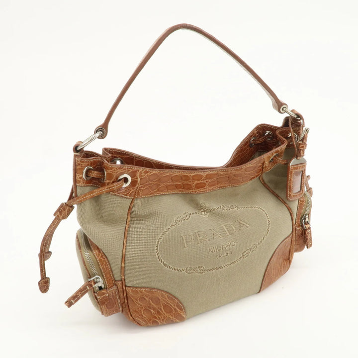 PRADA Logo Jacquard Canvas Embossed Leather Shoulder Bag BR34333