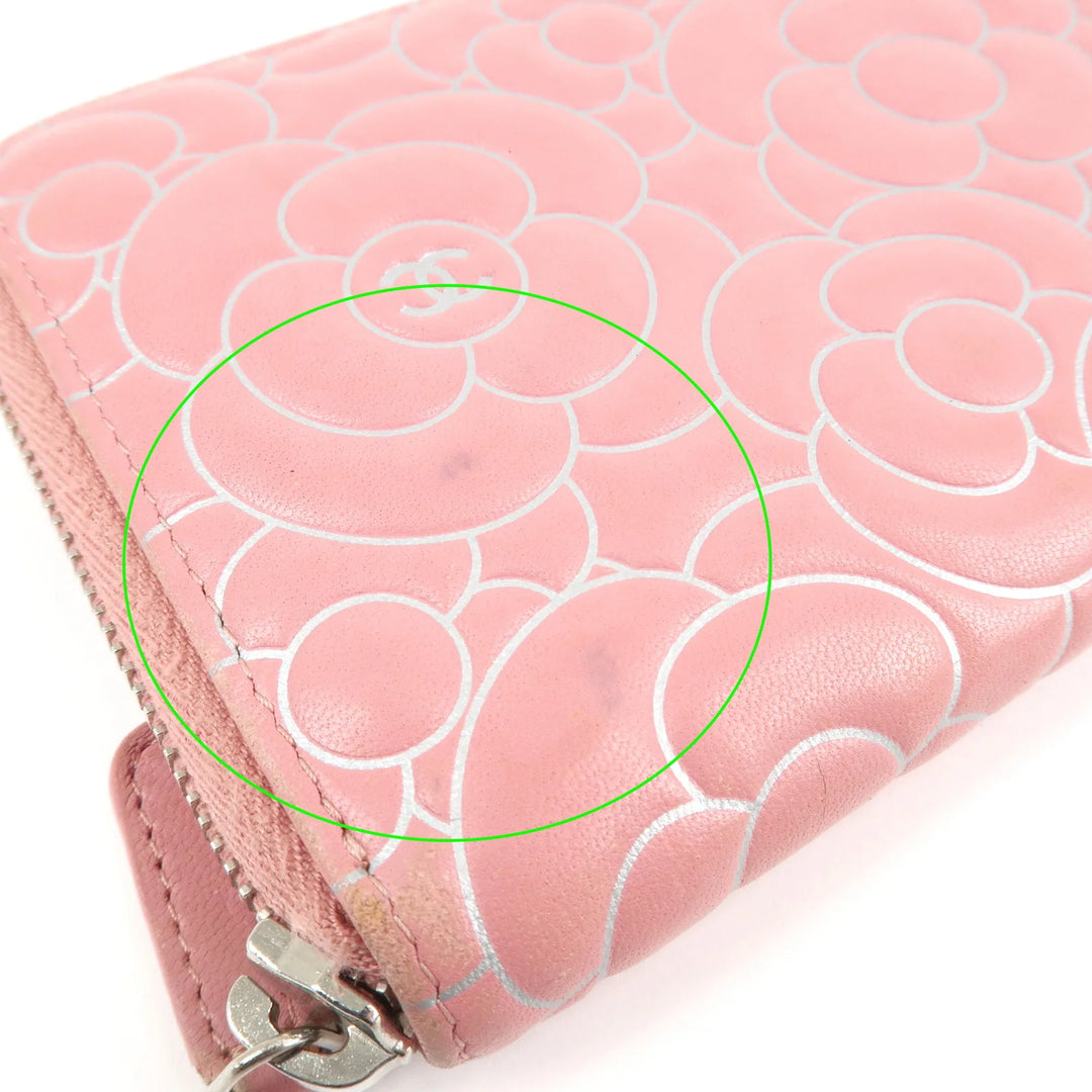 CHANEL Camellia Lamb Skin Long Zippy Wallet Pink A50085 Used