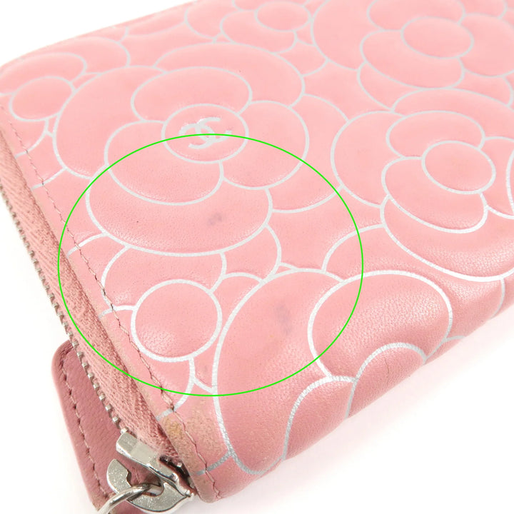 CHANEL Camellia Lamb Skin Long Zippy Wallet Pink A50085 Used